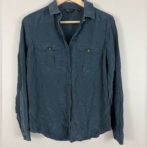 Ted Baker Dark Blue 100% Silk Button Down Long Sleeve Blouse Shirt Top Size 2